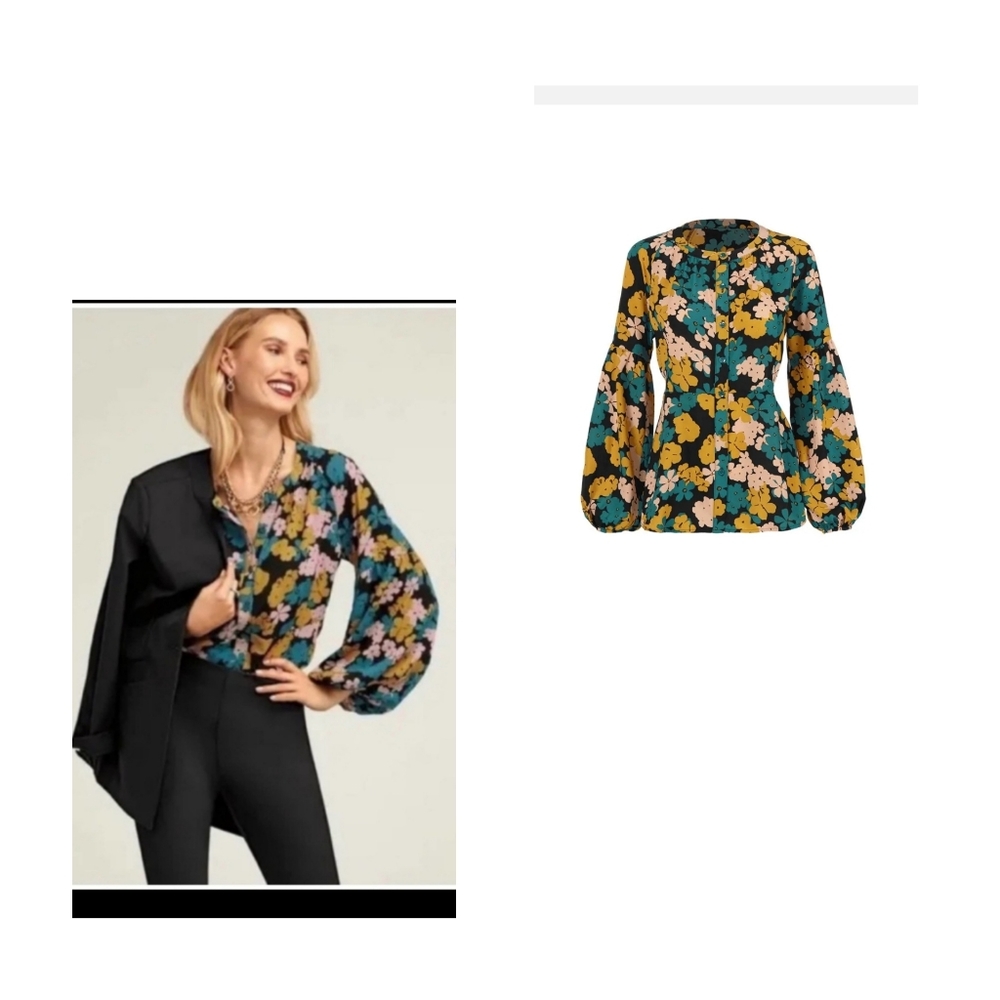 CABI Women's Black Modern  Favorite Floral Flower Drop Top Blouse Sz Large EUC